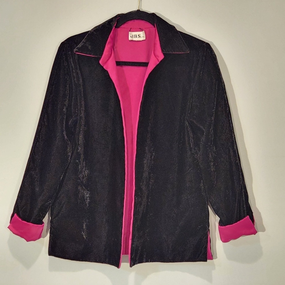 VTG Black Velvet Cardigan Barbie Pink Satin Blazer Reversible Lightweight MEDIUM